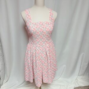 Endless Rose Pink Floral Smocked Dress Small Fit & Flare Bow Back Spring Easter